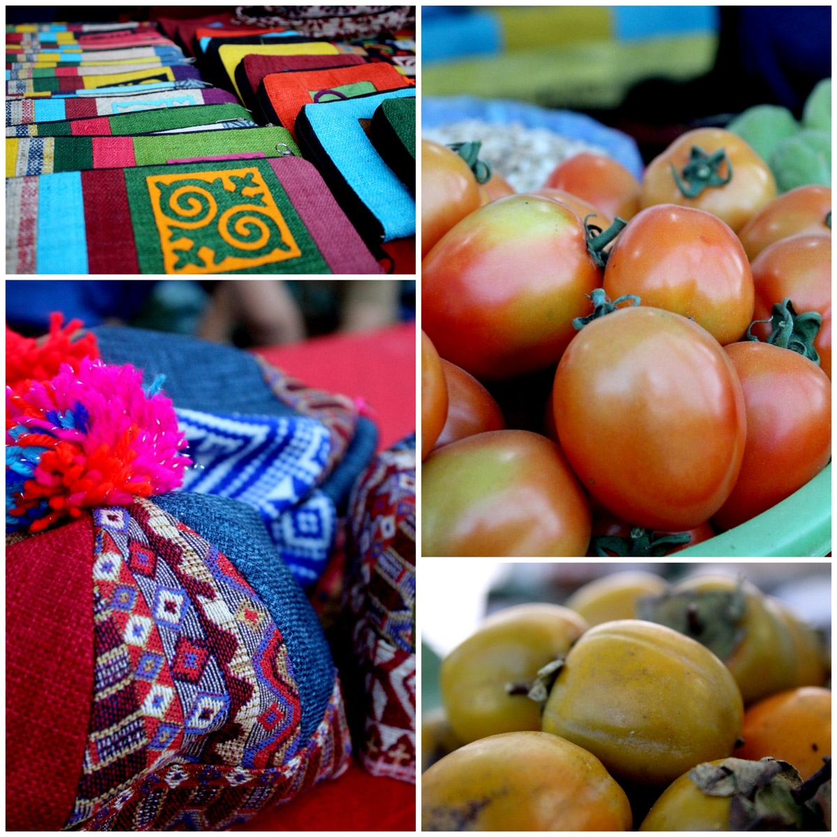 Nhiều mặt hàng như Hồng không hạt, cà chua, sản phẩm ví, mũ được trưng bày.